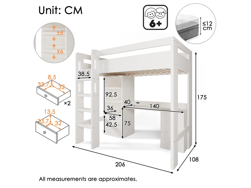  Lit mezzanine enfant 90x200cm- lit avec bureau - usbtype-c - armoire - caisson 3 niveaux - tiroirs - escalier sécurisé - blanc  - Conforama E