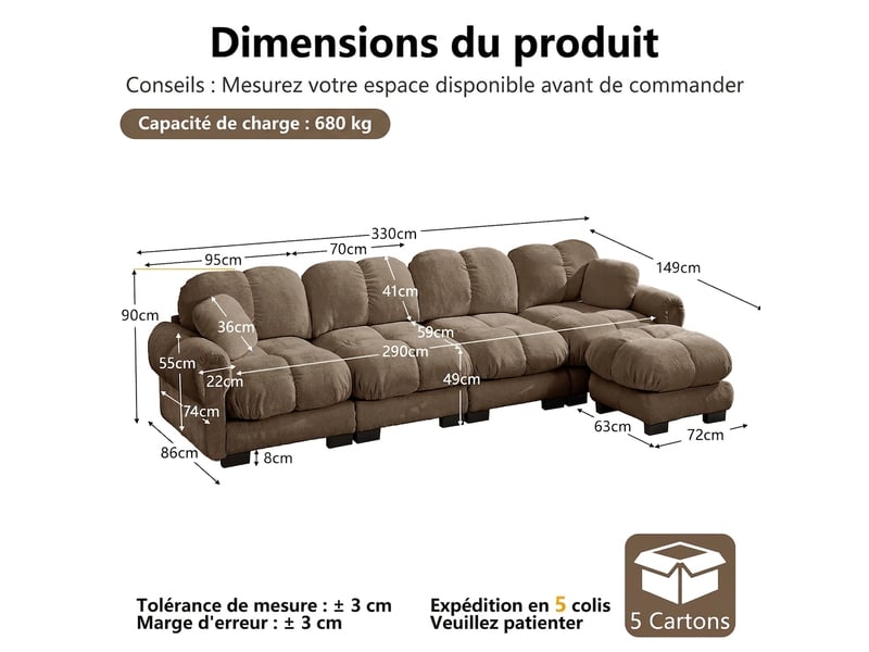  Canapé d'angle 4 places en chenille modulable avec ottomane mobile 330 x 149 x 90 cm marron  - Conforama C