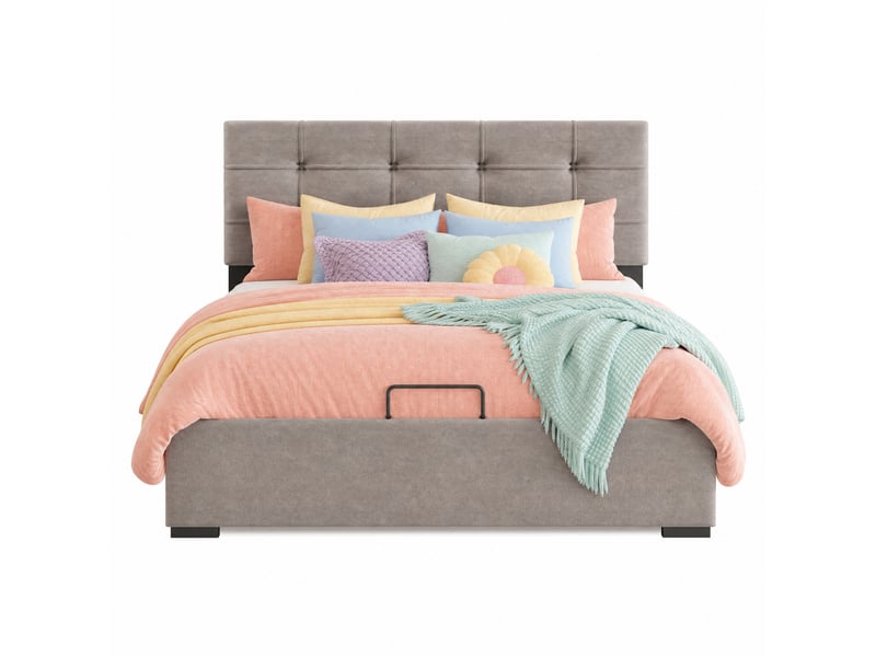  Lit une place 90 x 200 cm avec coffre de rangement, tête de lit réglable, velours gris clair  - Conforama A