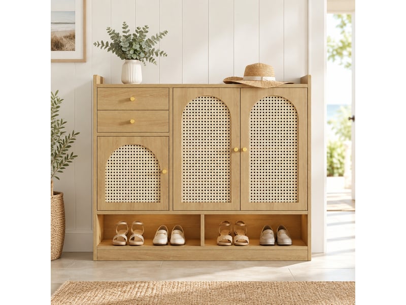  Meuble à chaussures 3 portes 2 tiroirs avec éclairage led - lpospi - étagères réglables mdf effet bois naturel 120×35×100 cm  - Conforama C