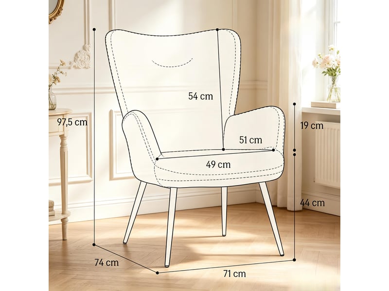 Fauteuil lounge 71x74x97.5cm – sessel individuel avec dossier haut ergonomique et accoudoirs intégrés – peluche et tissu - beige  - Conforama C