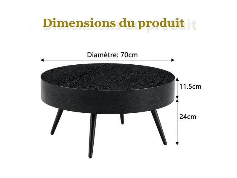 Table basse ronde noire – plateau mdf aspect bois et pieds métal – ø 70 x h 35,5 cm  - Conforama D