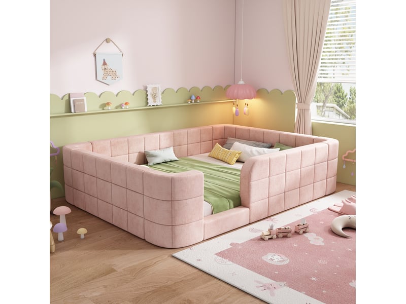  Lit enfant 140 × 200 cm avec barrières de protection rembourrées, entrée basse et sommier à lattes, en chenille rose  - Conforama D
