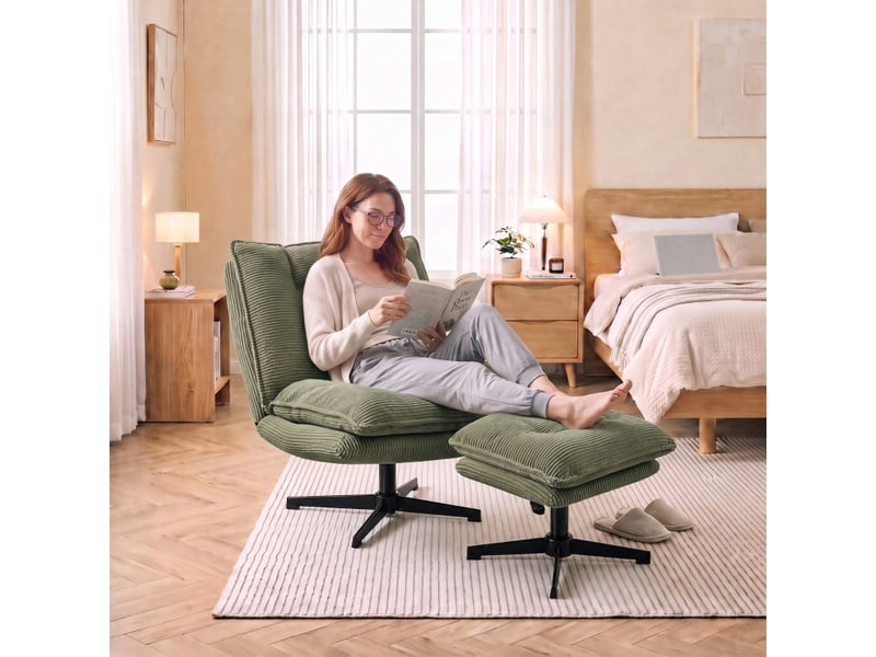  Fauteuil avec pouf pivotant à 360° et repose-pieds réglable en hauteur, dossier capitonné en polyester côtelé vert  - Conforama C