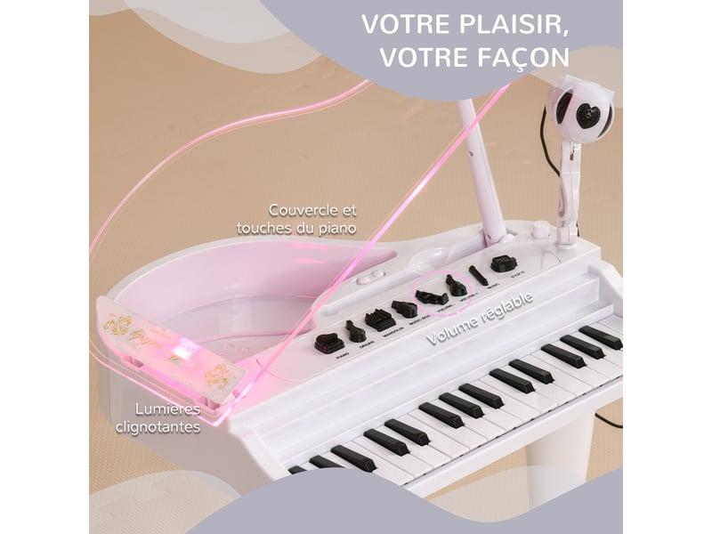  Piano enfant électronique 32 touches multifonctions avec micro haut parleur tabouret couvercle lumineux led blanc  - Conforama E