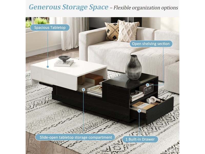  Table basse noire et blanche avec plateau coulissant, 100 x 50 x 38 cm  - Conforama W