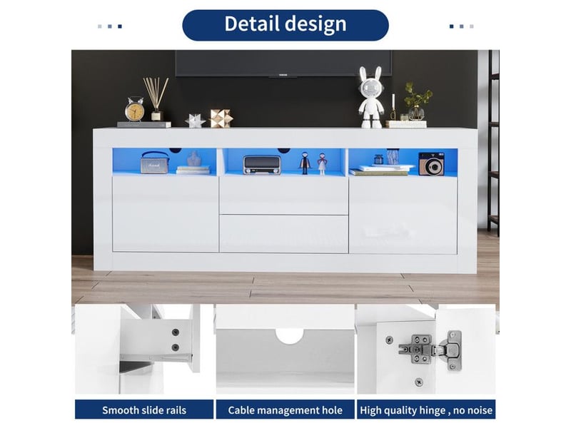  Meuble tv blanc brillant 160cm - leds synchronisées musique + app control - gestion câbles intégrée - tiroirs poussoir sans poignée  - Conforama C