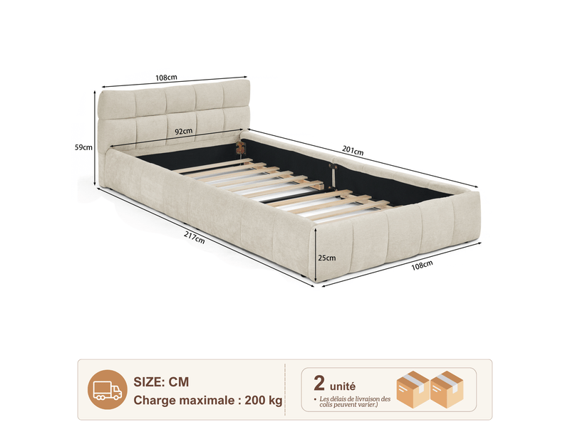  Bubble bed 90x200 cm, lit simple rembourré 90x200 cm - cadre de lit - lit en chenille - sommier à lattes - capacité de charge 200 kg - chenille - beige  - Conforama C