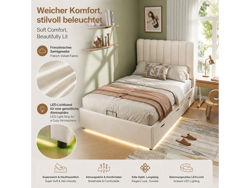 Lit coffre beige 90 × 200 cm en velours, avec relevage hydraulique, protection latérale, charge maximale 150 kg - Conforama C