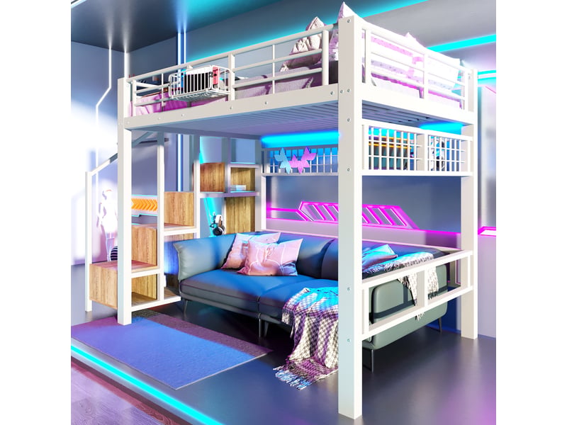 Lit mezzanine lit haut 140x200 cm avec tiroirs, rangements intégrés, led et échelle ou escalier, structure métal, blanc - Conforama C