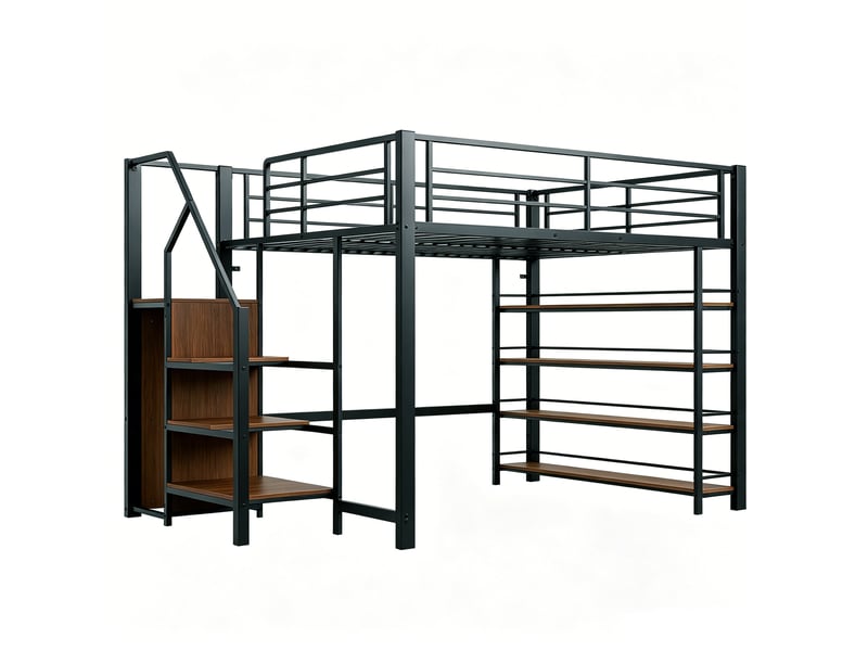 Lit mezzanine 140x200 cm - escalier avec tiroirs de rangement - mini armoire et étagères - barrières de sécurité - métal noir - Conforama R