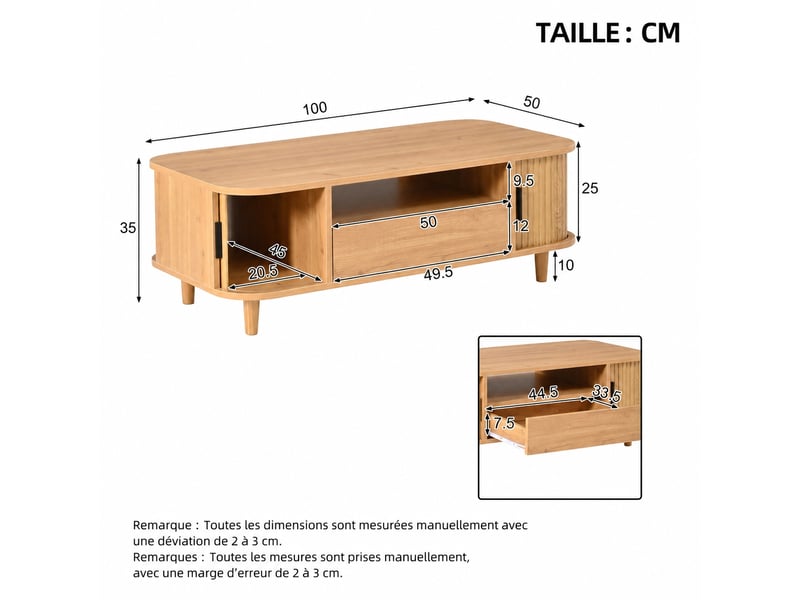 Table basse avec rangement, 1 tiroir et 2 portes à lamelles, 100 x 50 x 35 cm, coloris bois naturel - Conforama C