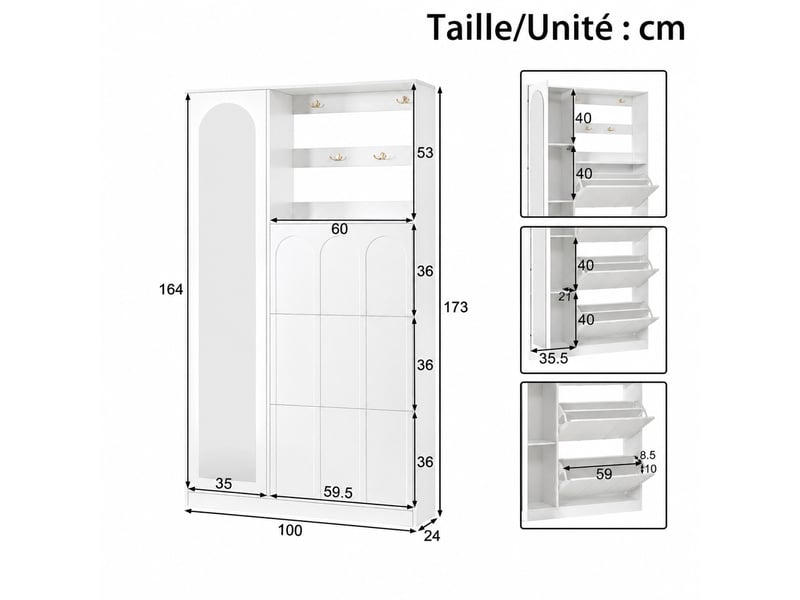  Meuble d’entrée blanc avec miroir, 3 abattants, mdf, 100 x 24 x 164 cm  - Conforama C