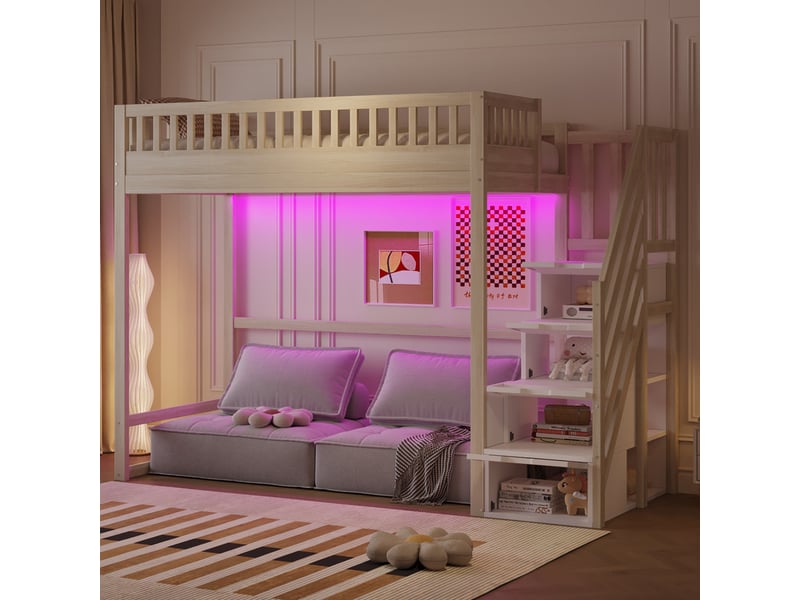 Lit mezzanine 90 x 200 cm - avec échelle de sécurité - avec barrières de sécurité - avec éclairage led - naturel (matelas non inclus)  - Conforama W