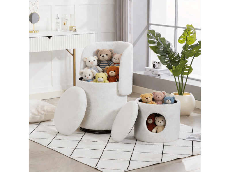 Fauteuil pouf pivotant à 360 degrés avec coffre de rangement et pouf en tissu teddy blanc, 53 × 50 × 47 cm - Conforama C