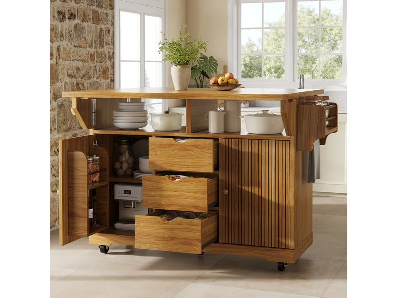  Desserte de cuisine avec 3 tiroirs, 2 portes et plateaux rabattables sur roulettes freinées 142,5 × 80 × 95 cm  - Conforama B