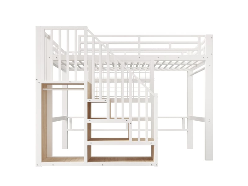  Lit mezzanine 140x200 cm blanc en métal, avec escalier rangement, led, grille et penderie, sans matelas  - Conforama A