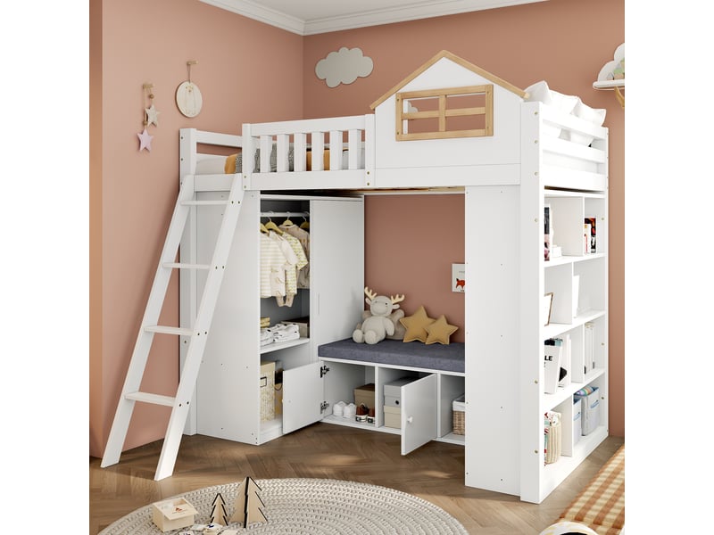 Lit mezzanine enfant 90×200 cm avec maison et échelle - okmyhome- armoire, étagères et banc, sans matelas - Conforama B