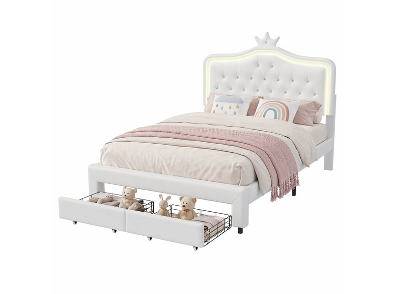  Lit double 140x200 cm avec 2 tiroirs, lit en pu blanc avec tête de lit en forme de couronne réglable et éclairage led, structure de lit avec sommier à lattes  - Conforama D