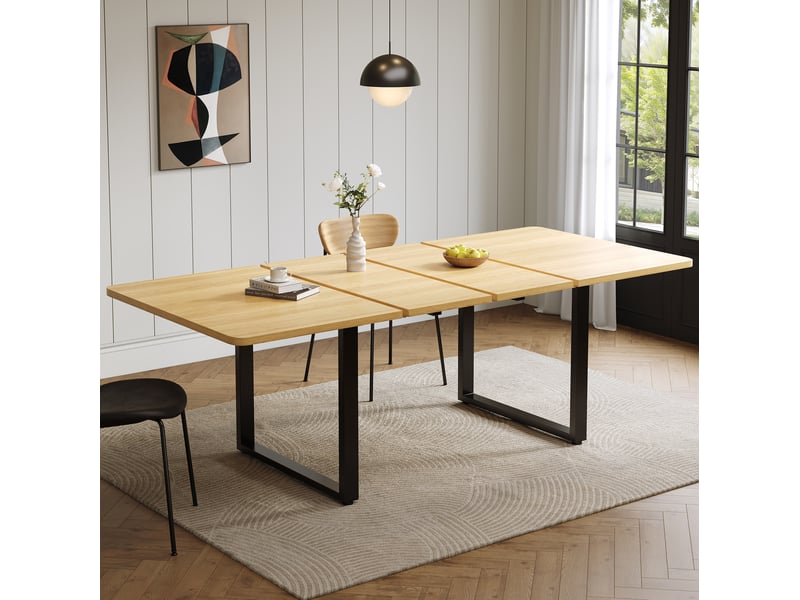  Table à manger extensible 140-180-220x80 cm, pour 6-10 personnes, esprit épuré, plateau mdf aspect chêne, pieds en métal, carcasse renforcée  - Conforama B