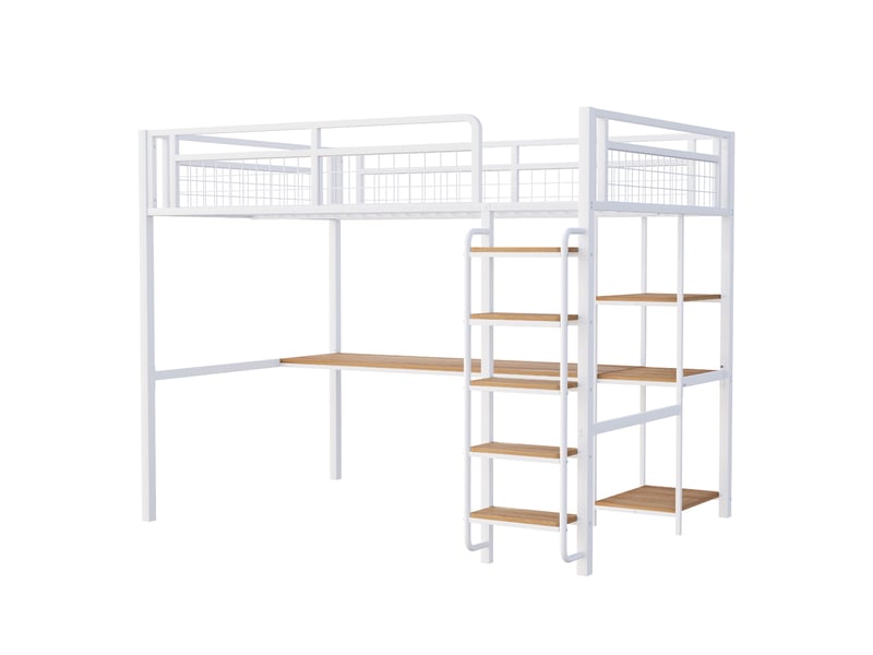  Lit mezzanine 140x200 cm métal blanc, échelle sécurisée, bureau et étagères, barrière sécurité  - Conforama A