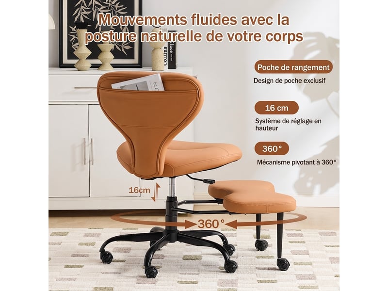  Chaise de bureau jambes croisées et chaise de méditation en cuir pu orange, 67x80x84 cm  - Conforama W