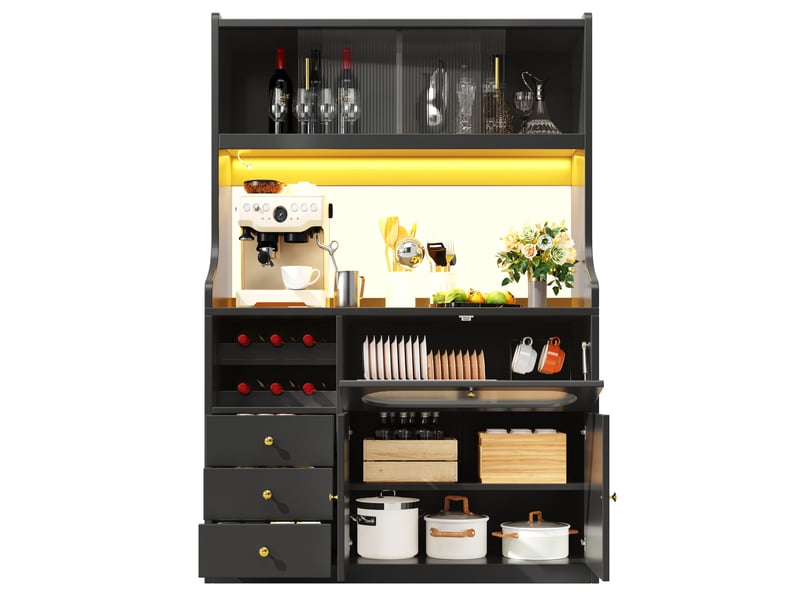  Meuble haut de cuisine 120x40x180 cm, éclairage led, portes vitrées, portes relevables, 3 tiroirs, mdf et métal, noir  - Conforama A