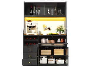 Meuble haut de cuisine 120x40x180 cm, éclairage led, portes vitrées, portes relevables, 3 tiroirs, mdf et métal, noir