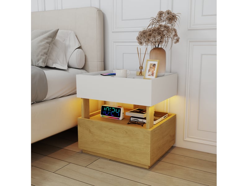  Table de chevet led avec charge sans fil, 2 tiroirs et rangement double niveau, pour chambre, bois naturel, 50 × 40 × 50 cm  - Conforama A