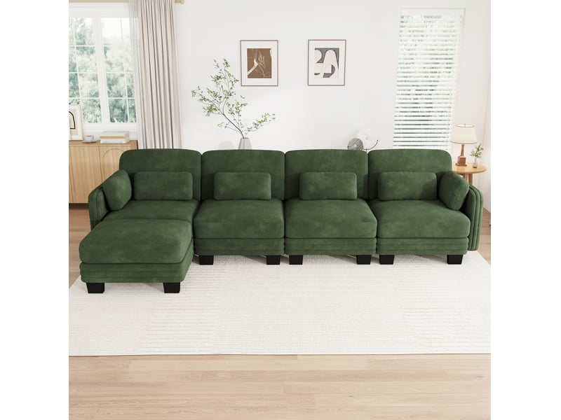  Canapé d’angle modulaire 4 places 330x143x88 cm, coussins lombaires et accoudoirs, avec pouf, tissu en chenille, vert  - Conforama B