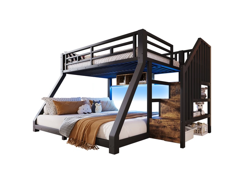  Lit superposé enfant 90x200140x200 cm avec escalier de rangement, led et barrières, cadre métal noir, en 747  - Conforama A