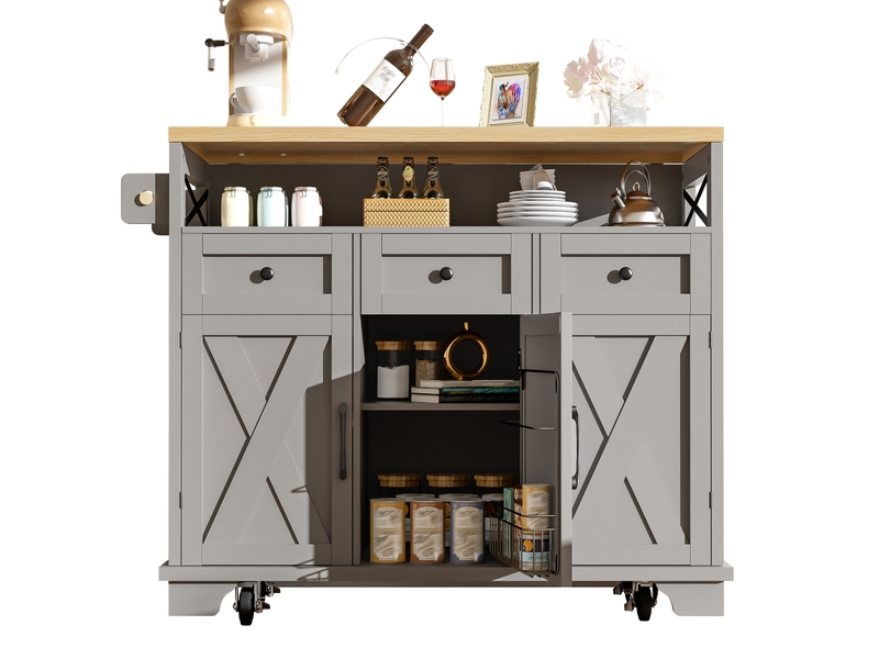 Desserte de cuisine à roulettes avec plateau rabattable et 3 tiroirs, en mdf et métal gris, 118 × 43–80 × 98 cm - Conforama A