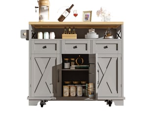Desserte de cuisine à roulettes avec plateau rabattable et 3 tiroirs, en mdf et métal gris, 118 × 43–80 × 98 cm