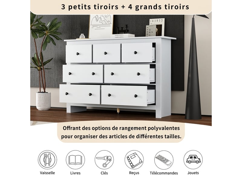 Buffet blanc 7 tiroirs moderne minimaliste meuble de rangement cuisine 152x40x89cm - Conforama W