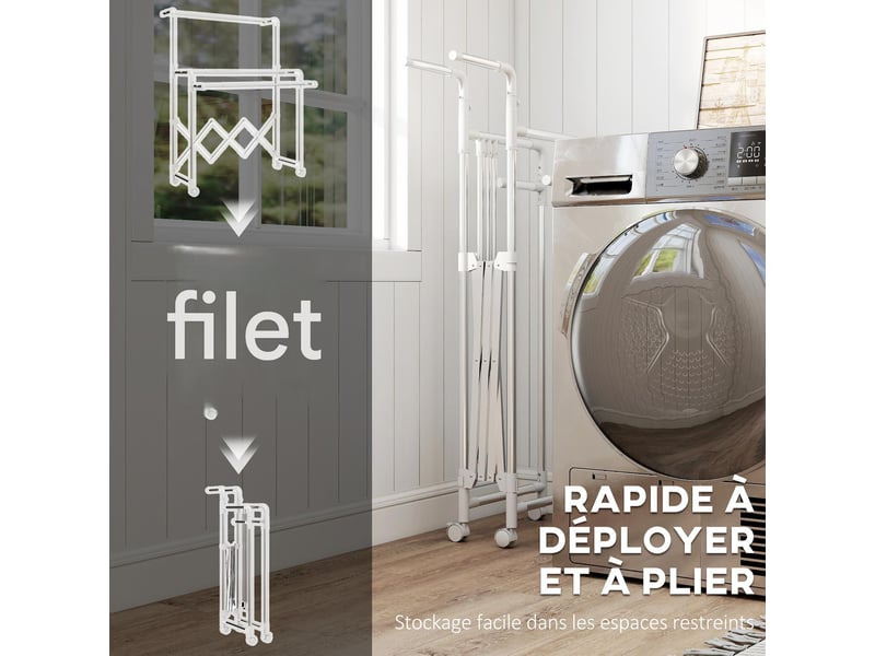  Séchoir à linge pliable 3 barres roulettes acier argent 104-150 x 103 x 145-197 cm  - Conforama E