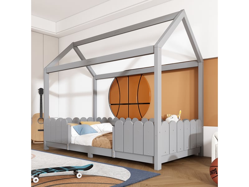  Lit cabane 90x200 enfant bois massif gris avec barrière de sécurité et sommier à lattes  - Conforama B