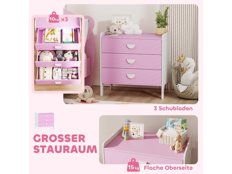 Commode enfant 60x40x60 cm – rose et blanc – 3 tiroirs de rangement en mdf avec plateau facile d'entretien - Conforama D