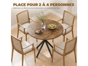 Table à manger ronde pour 2 personnes avec plateau aspect bois et piètement croisé en acier, rustique brun