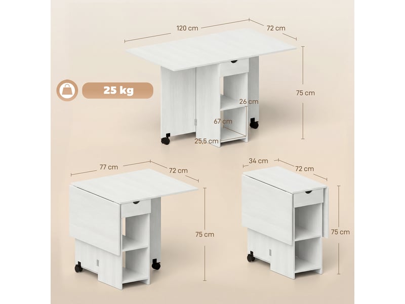 Table à manger pliante, table de cuisine extensible pour 2 à 4 personnes, 2 abattants, 120 x 72 x 75 cm, blanc - Conforama C