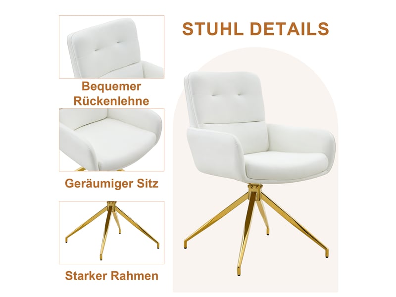  Ensemble table ronde et 2 chaises, table à manger en verre trempé ø 85 cm, sièges pivotants en similicuir blanc, métal doré  - Conforama W