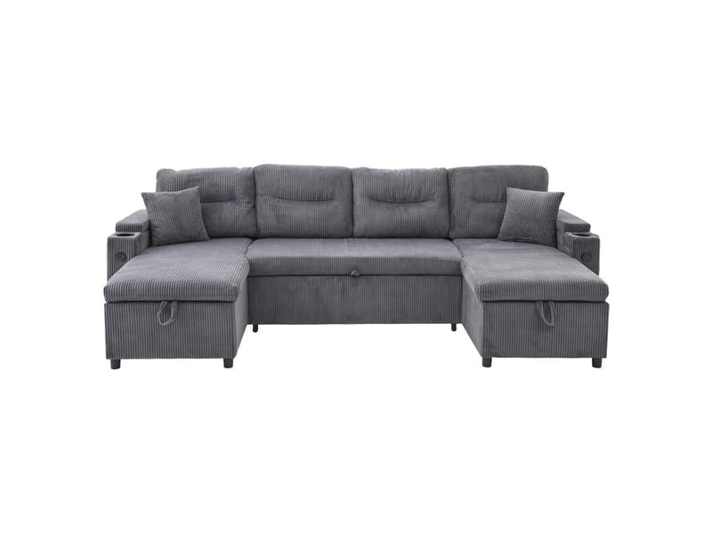 Canapé 4 places, méridiennes doubles canapé d'angle, revêtement velours, lit convertible, rangement intégré, ports usb, porte-gobelets  - Conforama A