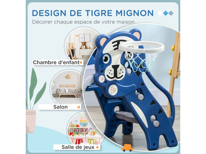  Toboggan pour enfants, toboggan intérieur pour enfants, avec panier de basket, thème tigre, de 18 à 36 mois, bleu  - Conforama E