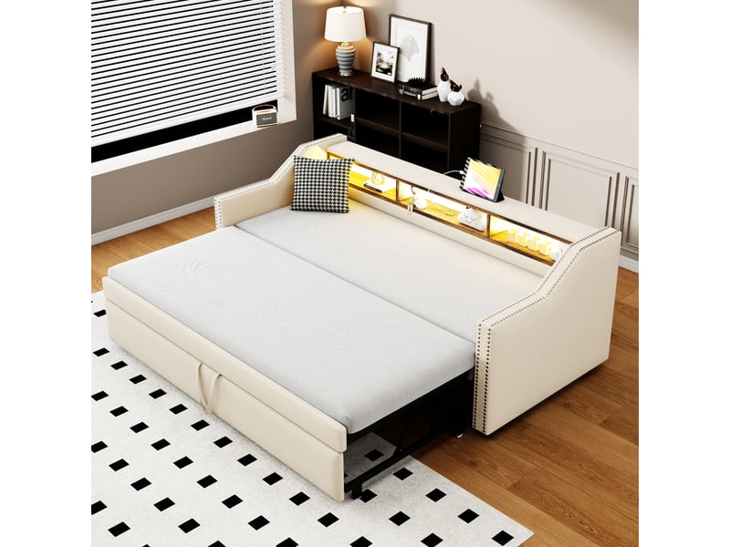 Lit gigogne enfant 90180x200cm, canapé-lit avec led, espace de rangement, port usb, sommiers, lin beige, sans matelas - Conforama B