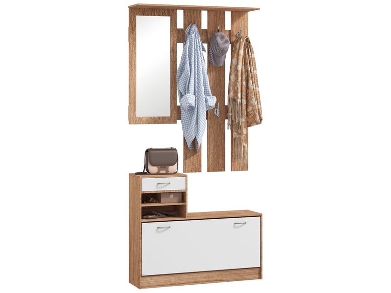  Porte-manteau 3 en 1 avec étagère à chaussures et miroir, crochets et tiroirs, en bois, 90 x 24 x 177 cm, blanc et noyer  - Conforama A