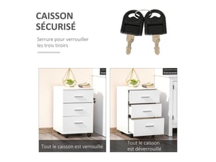 Caisson de bureau rangement bureau sur roulettes 3 tiroirs verrouillables blanc 40 x 40 x 61,5 cm