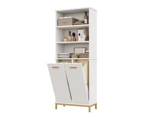 Colonne de salle de bain 65x32x170 cm, 3 niches ouvertes, 2 compartiments à linge basculants, mdf blanc