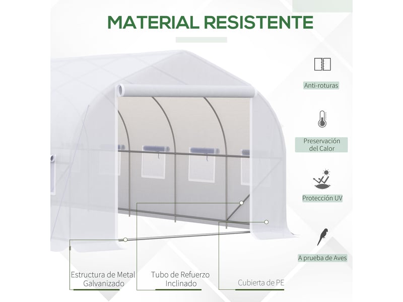  Serre tunnel extérieur 6x3x2 m, 12 fenêtres, porte enroulable zip métallique, plantes, blanche.  - Conforama E