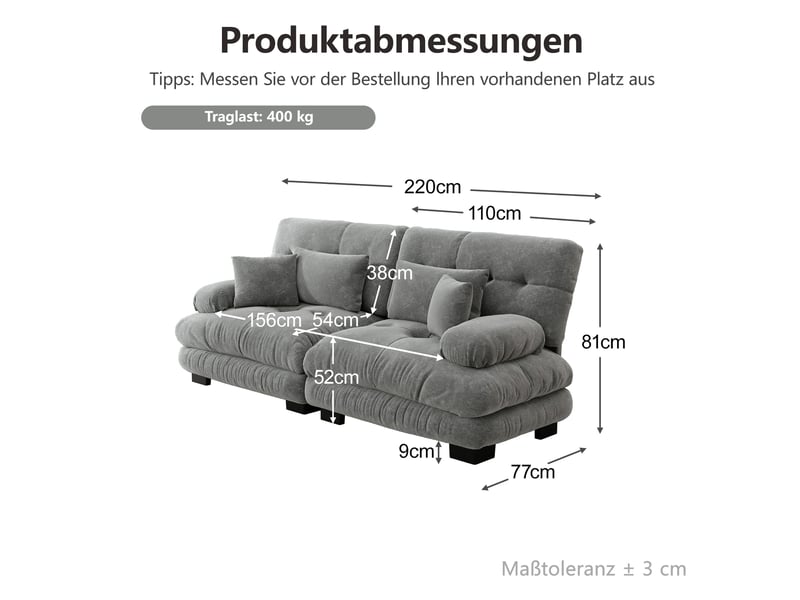  Canapé droit 220x77x81 cm 2 places, coussins et accoudoirs, avec 2 coussins décoratifs, revêtement chenille gris  - Conforama C