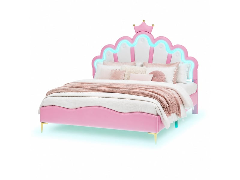 Lit double 140 x 200 cm rose avec tête de lit couronne et éclairage led réglable - Conforama A