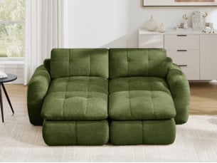 Canapé modulable en u 2 places avec 2 poufs mobiles, chenille vert, sans structure